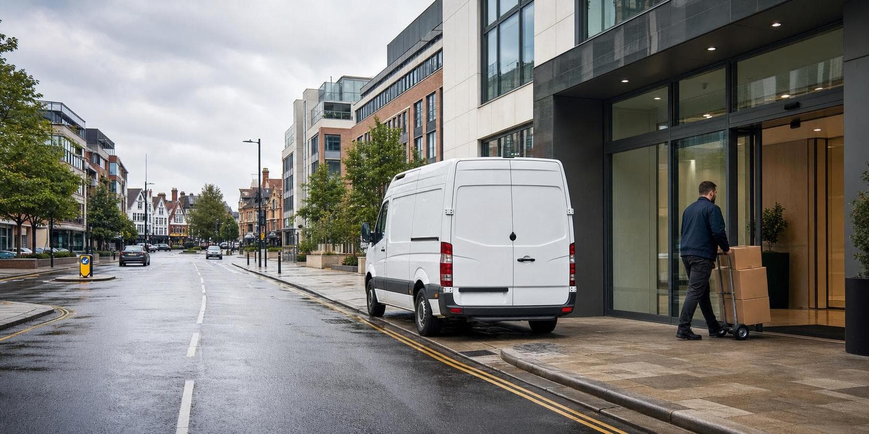 Courier unloading plain boxes from a white van outside an office building in Bishop's Stortford