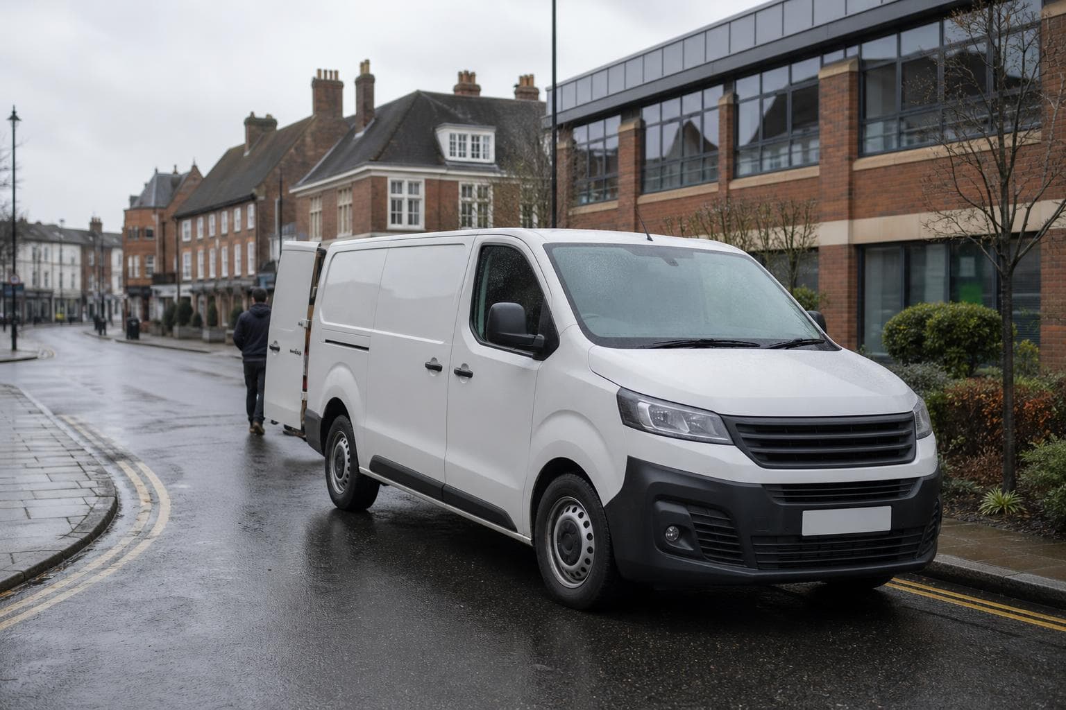 Plain white courier van parked on a wet mixed-use street in Bishop's Stortford