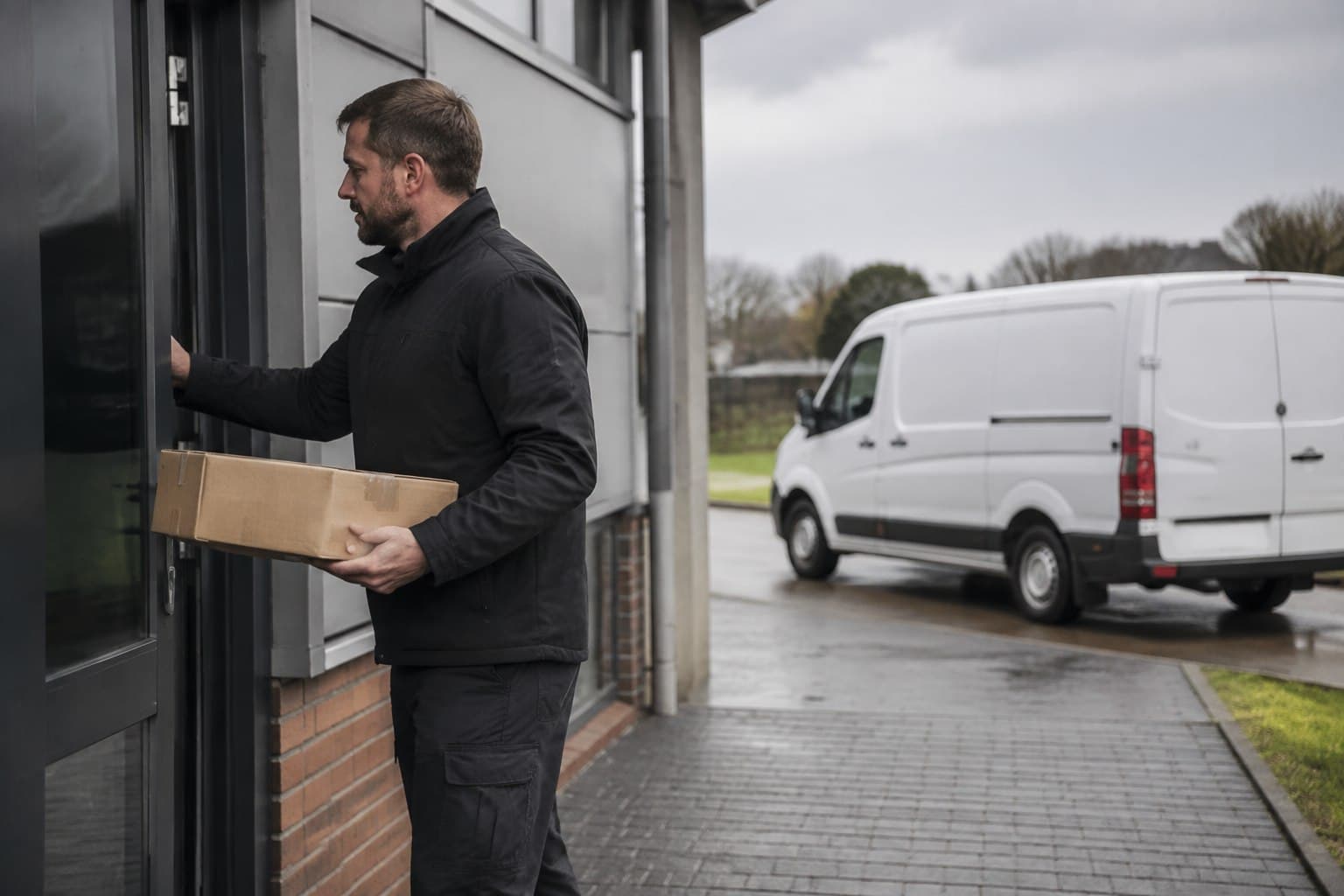 Unbranded courier handling a prepared consignment in Broxbourne, shown in a Hertfordshire town with rail, high-street and commercial addresses.