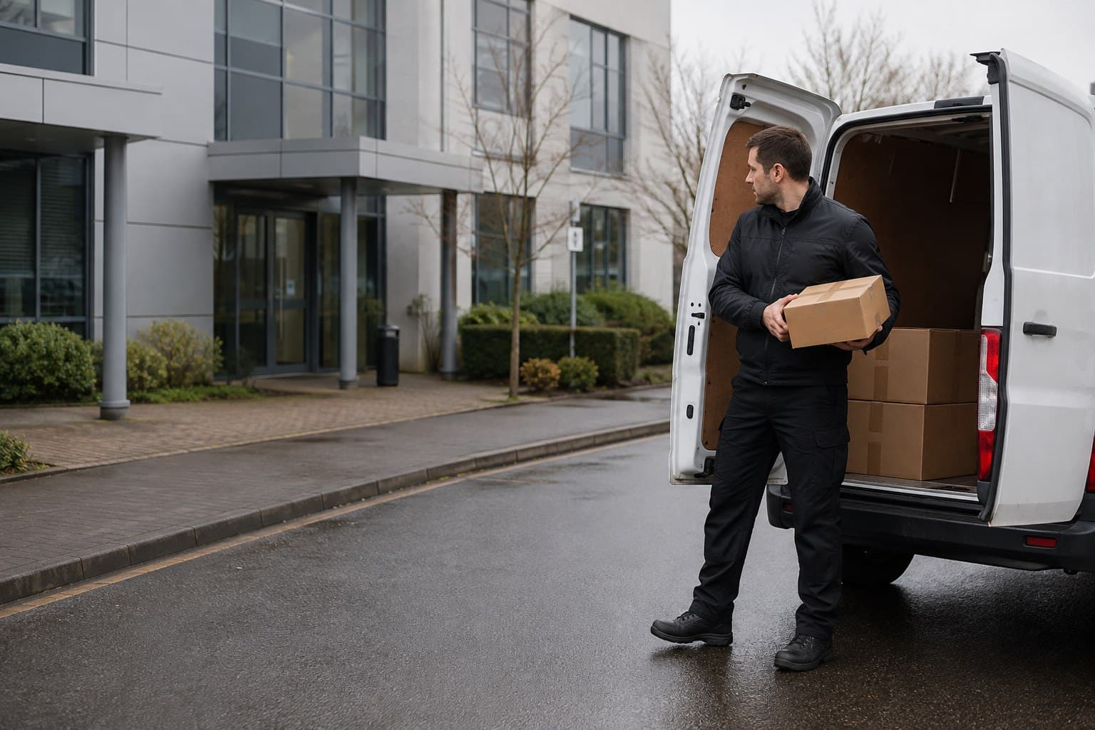 Unbranded courier vehicle prepared for a direct delivery from Broxbourne after collection from an office, retailer or service business.