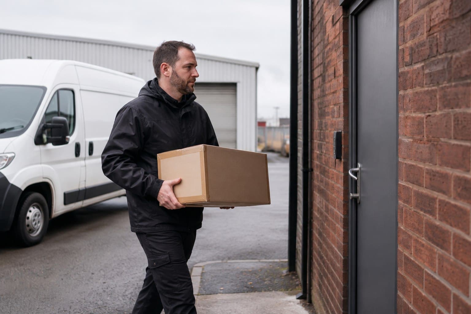 Unbranded courier handling a prepared consignment in Bush Fair, shown in an established neighbourhood with a shopping centre.
