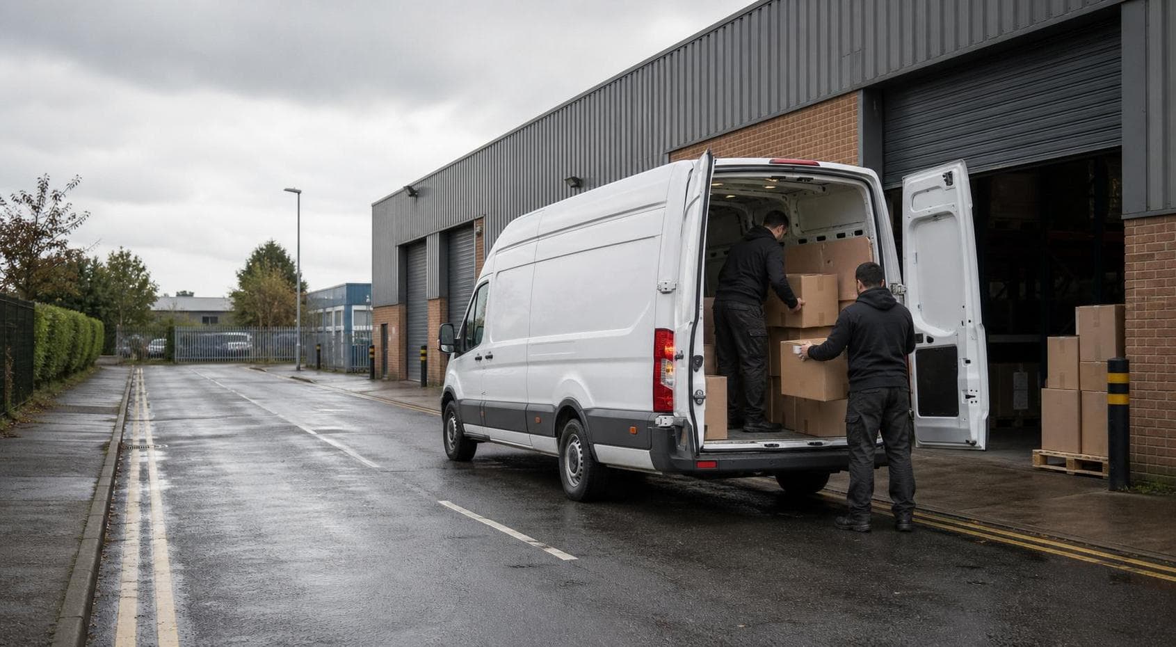 Workers loading plain boxes into a white courier van at a wet industrial estate in Cheshunt