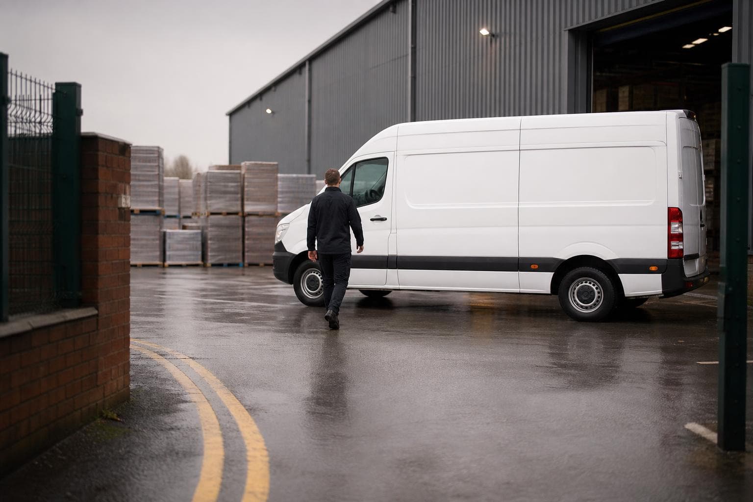 White courier van in a wet warehouse yard with a courier walking toward it in Cheshunt