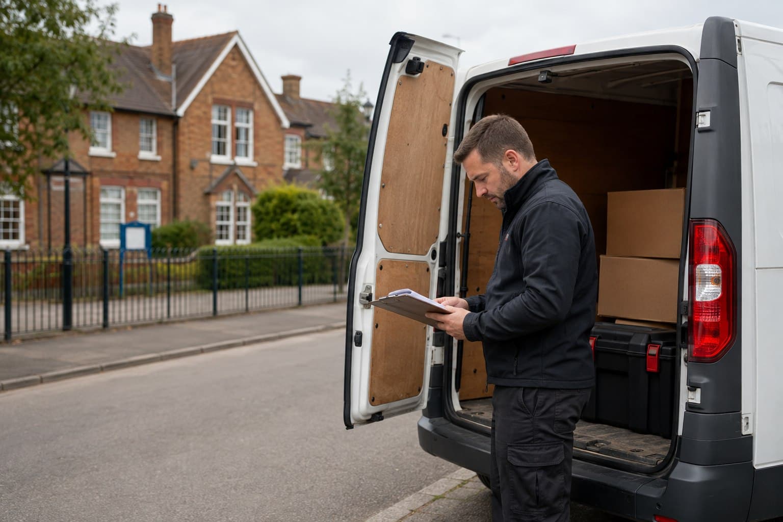 Unbranded courier handling a prepared consignment in Church Langley, shown in a modern residential district on Harlow's eastern side.