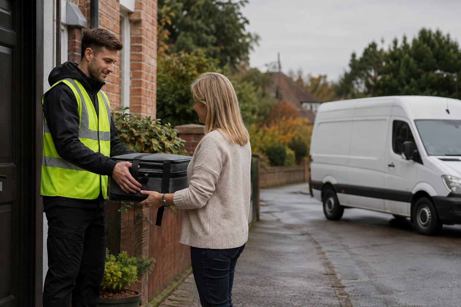 Unbranded courier vehicle prepared for a direct delivery from Church Langley after collection from a home-based business, school or local service.