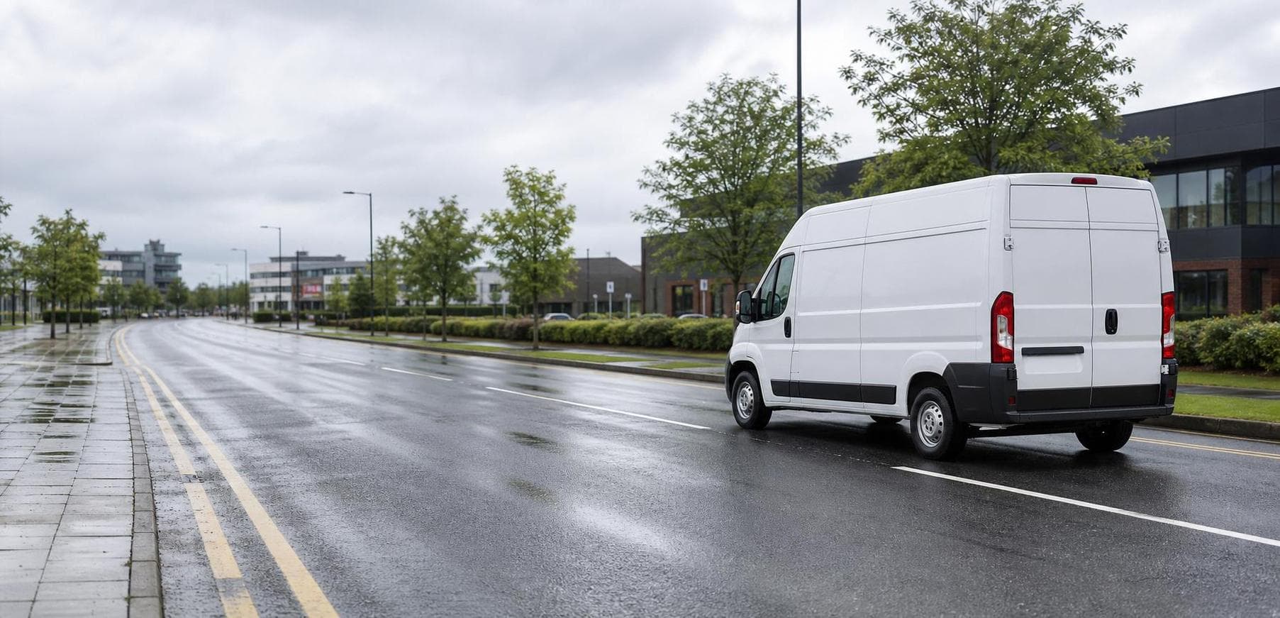 Plain courier van driving along a wet urban road in Harlow with commercial buildings in the background