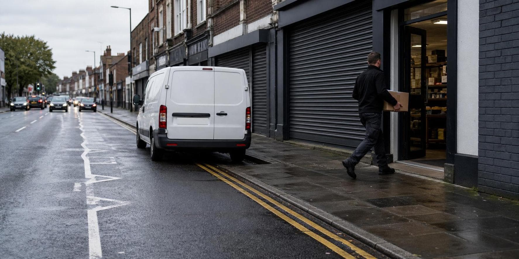 Courier carrying a parcel from a white van into a trade premises on a wet urban street in Enfield