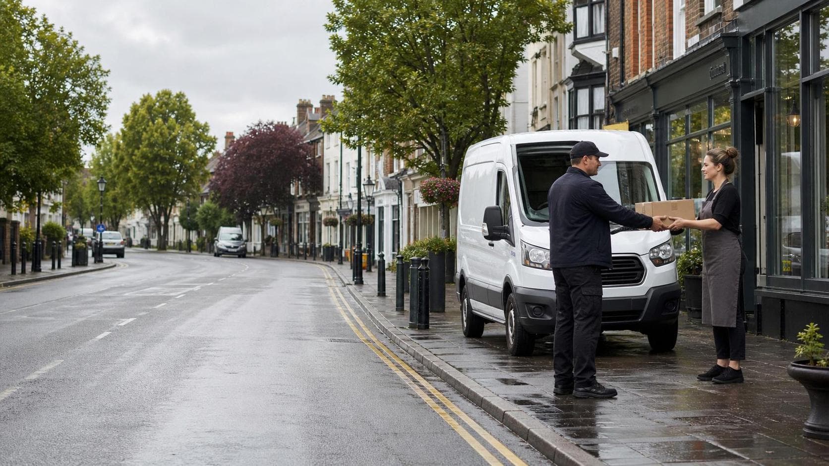 Courier collecting a parcel beside a plain white van on a wet high street in Epping