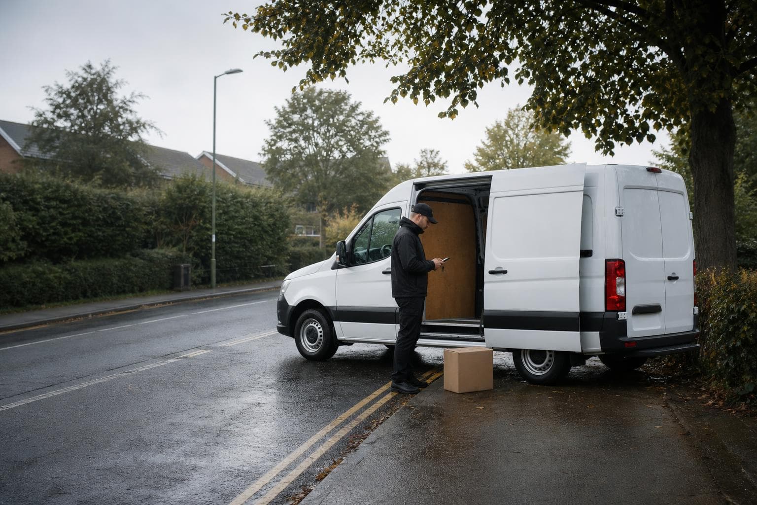 Courier checking a handheld device beside a plain white van on a quiet wet roadside in Epping