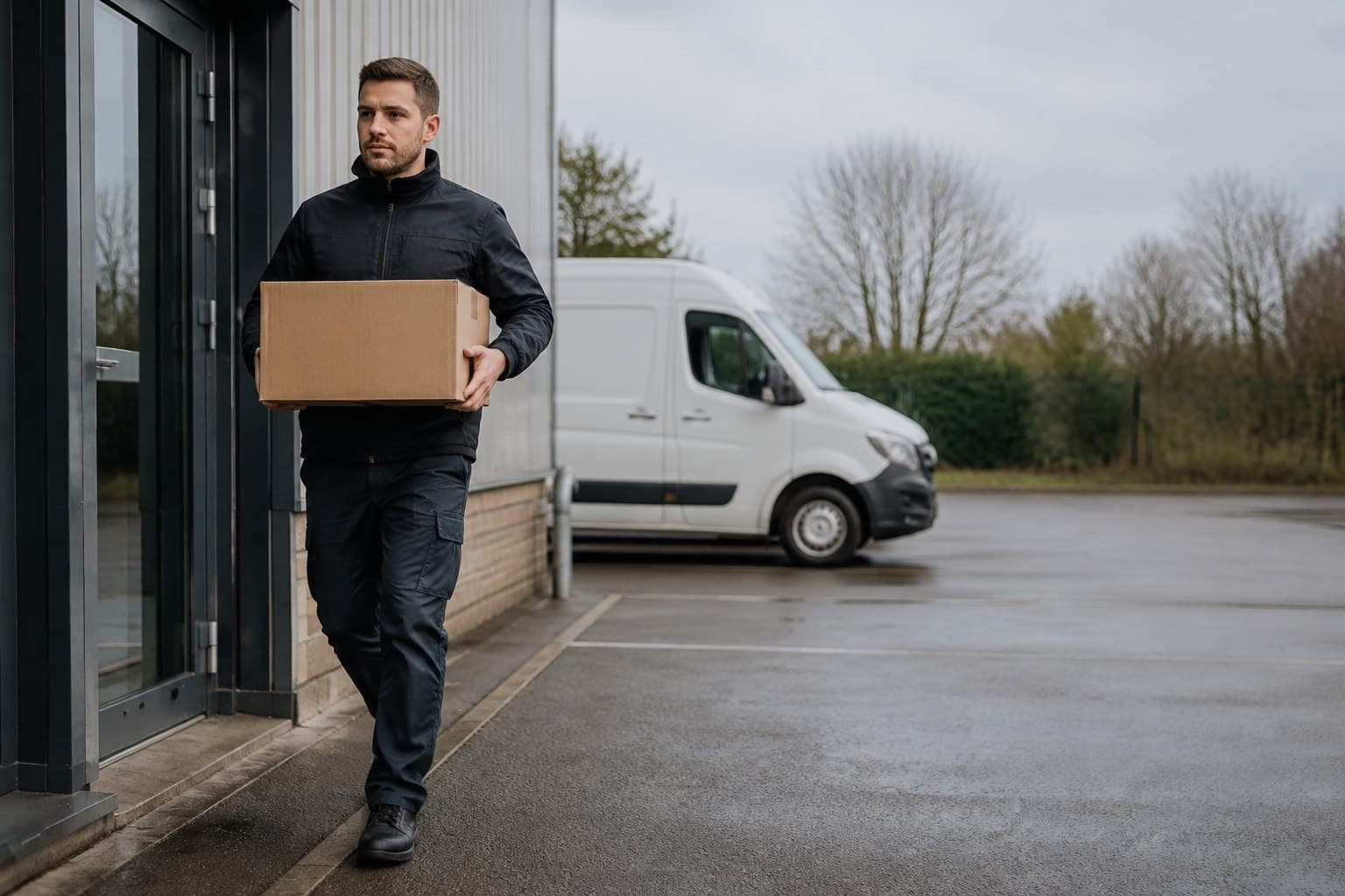 Unbranded courier handling a prepared consignment in Great Parndon, shown in a western Harlow district near business and residential areas.