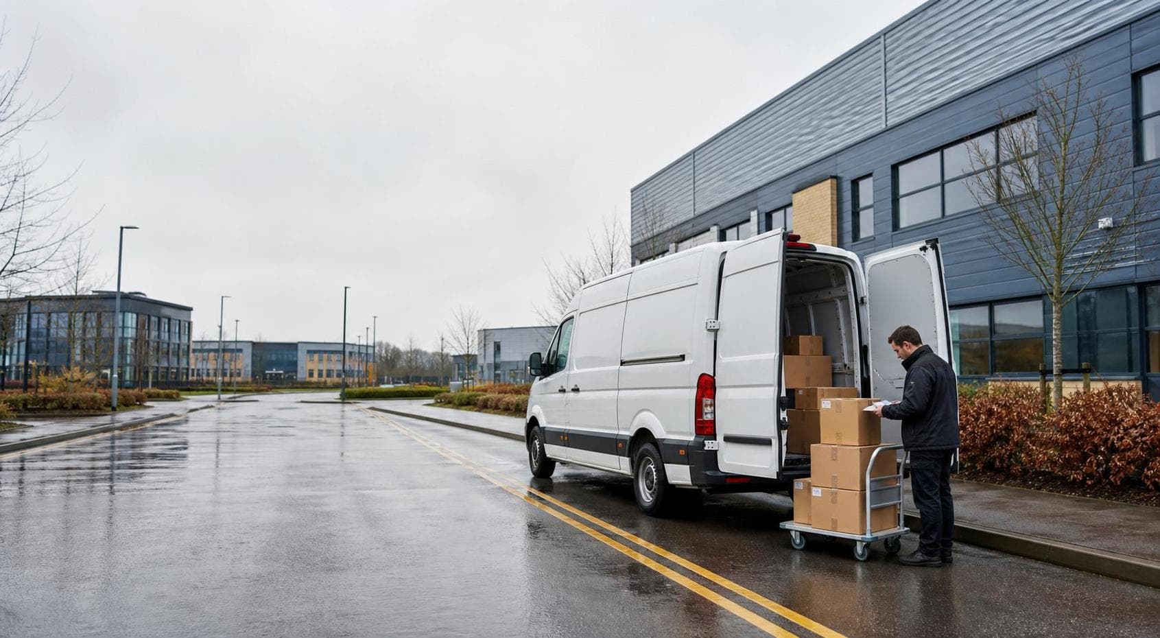Courier van and driver preparing parcels outside a modern business estate in Harlow on a wet British street