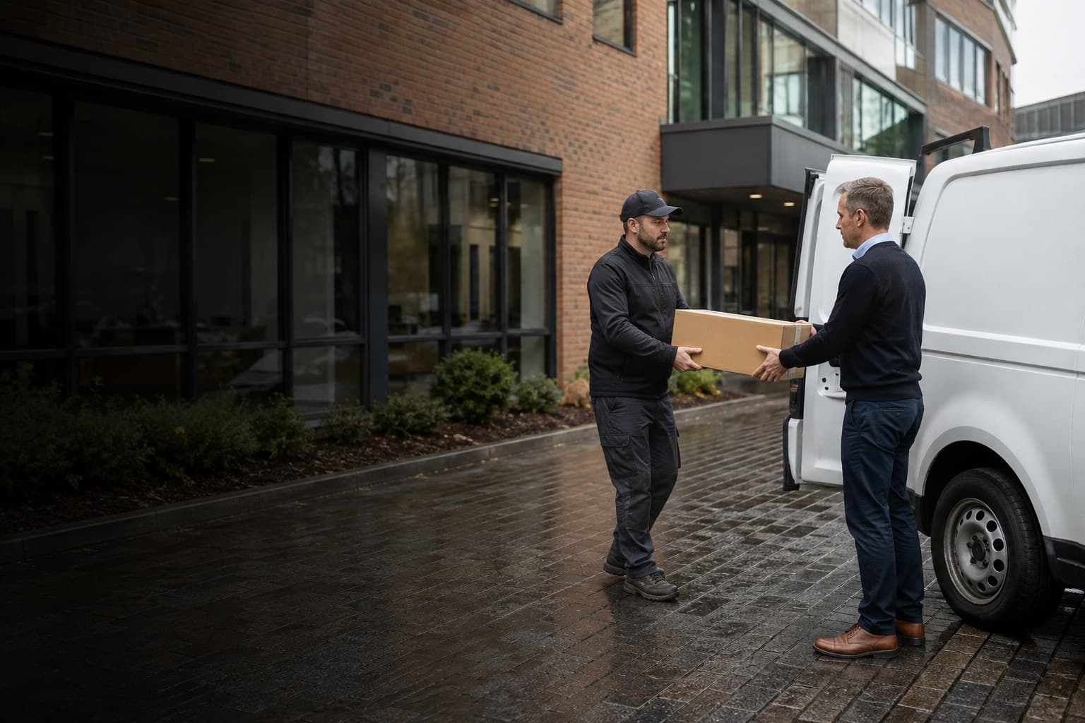 Courier completing a parcel handover outside a Hertford office building