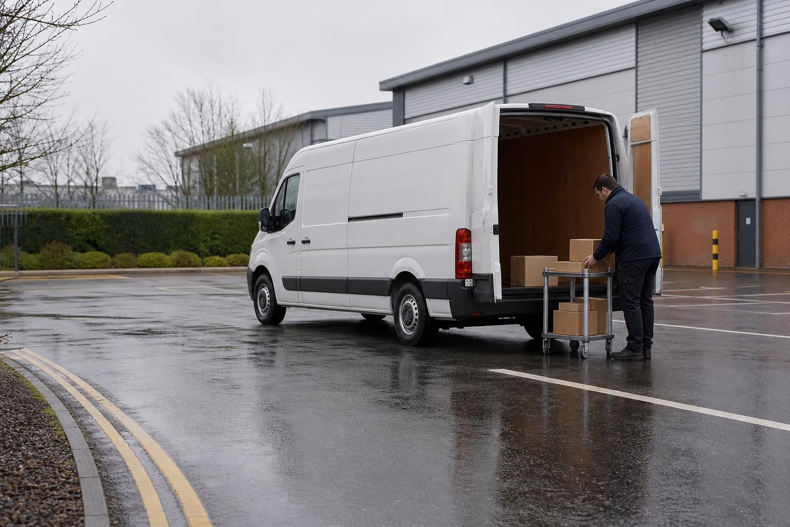 Courier organising parcels on a trolley behind a white van in a wet distribution yard in Hoddesdon