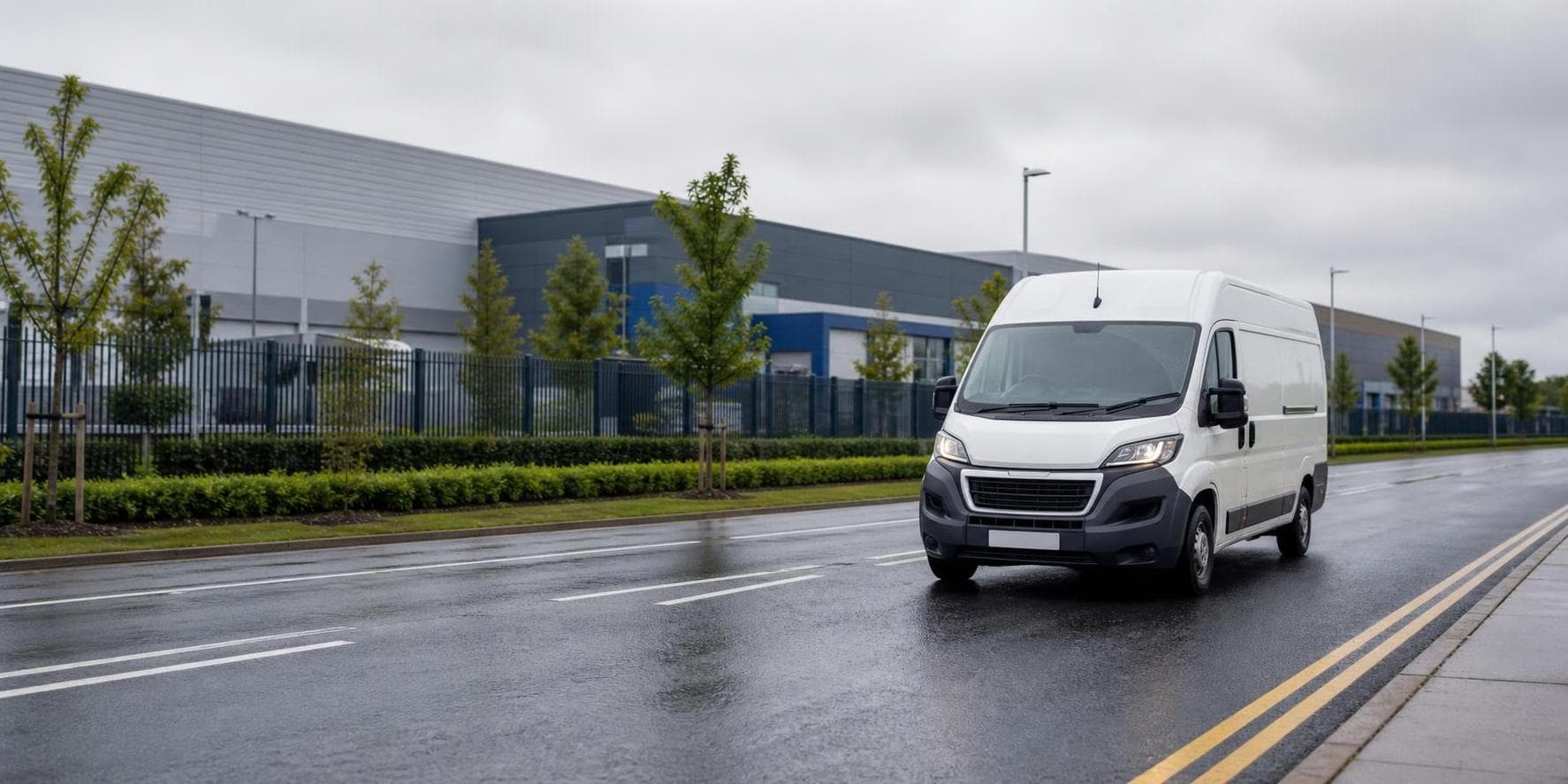 Plain white courier van driving past warehouse buildings on a wet road in Hoddesdon