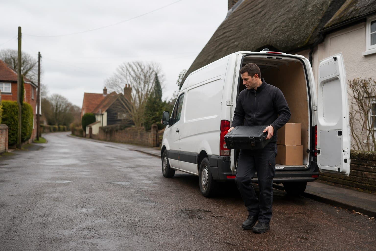 Unbranded courier handling a prepared consignment in Little Parndon, shown in a neighbourhood close to the station and town-centre edge.
