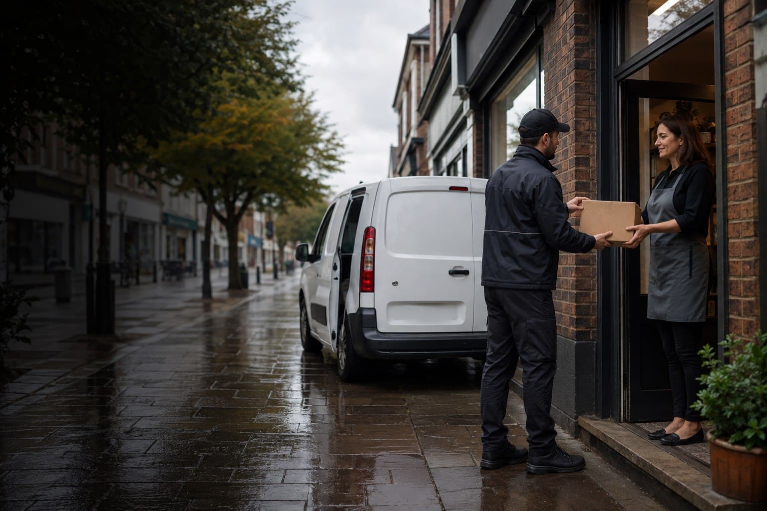 Courier collecting a package from a business on a Loughton high street