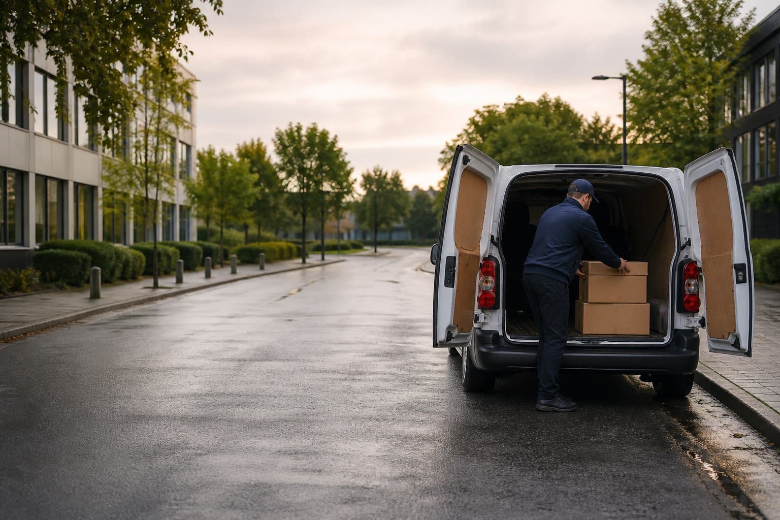 Courier securing parcels in an unbranded van on a quiet Loughton street