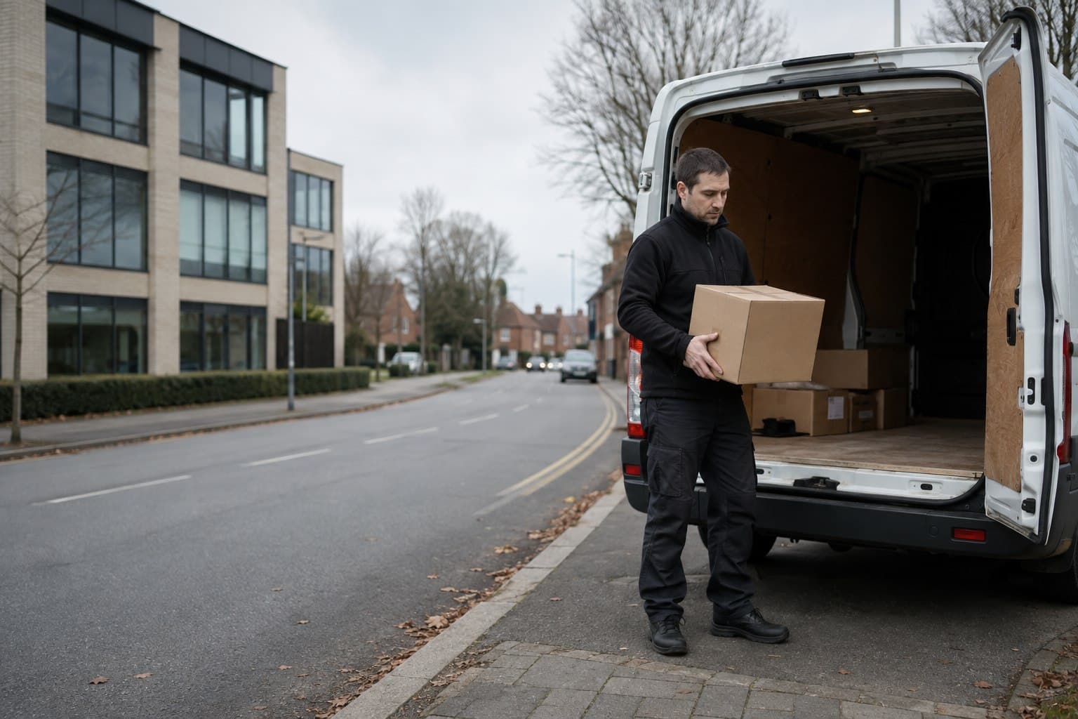 Unbranded courier handling a prepared consignment in Mark Hall, shown in a residential district with schools and local services.