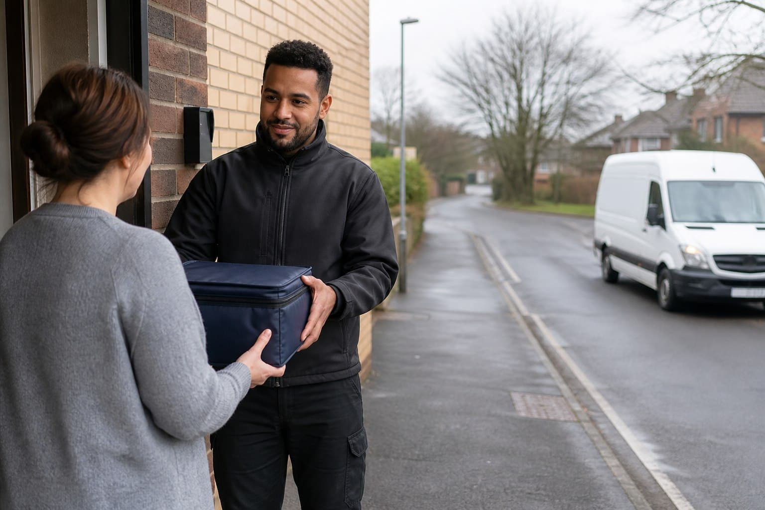 Unbranded courier vehicle prepared for a direct delivery from Mark Hall after collection from a community site, practice or home address.