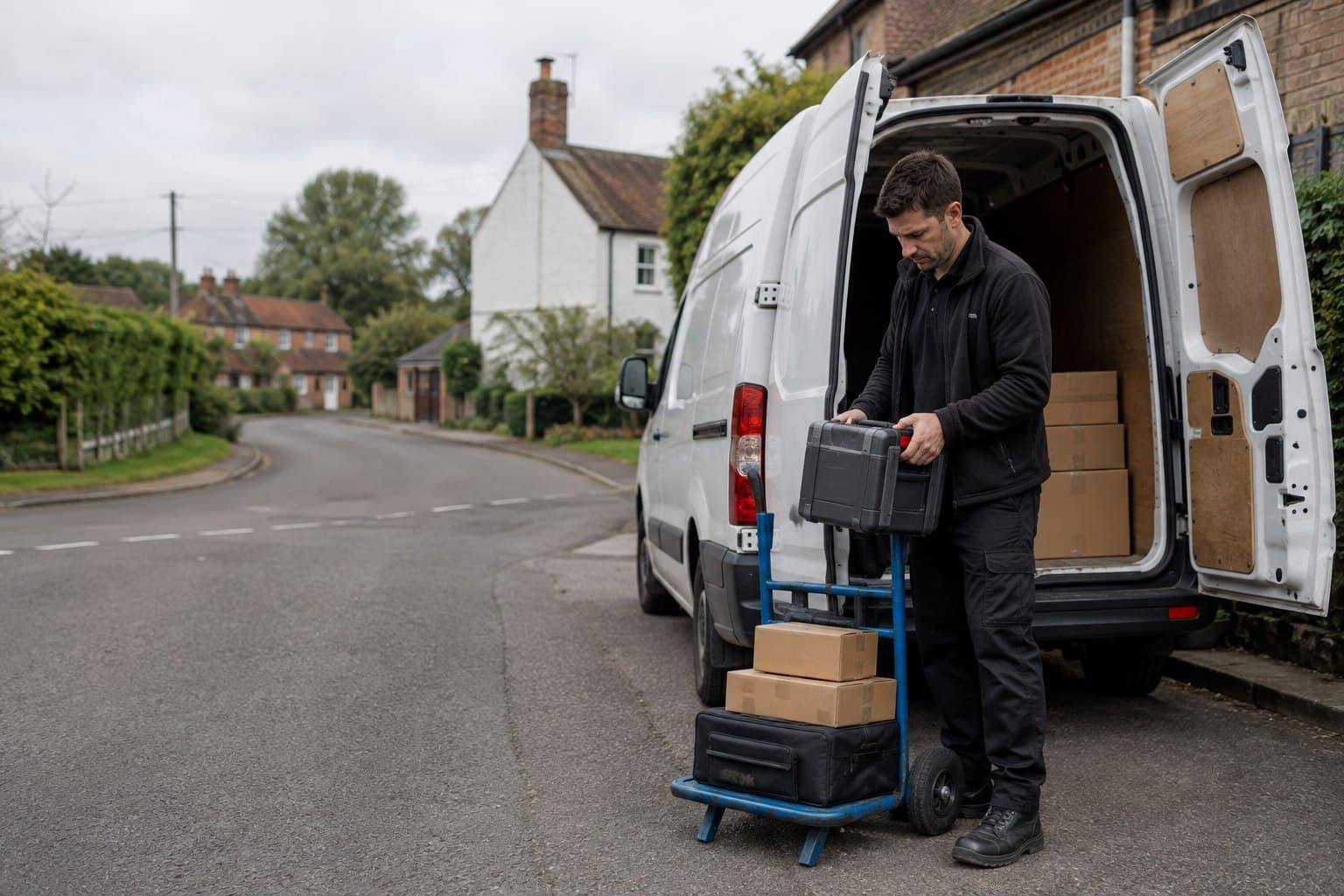 Unbranded courier handling a prepared consignment in Nazeing, shown in a village and rural-edge area south-west of Harlow.
