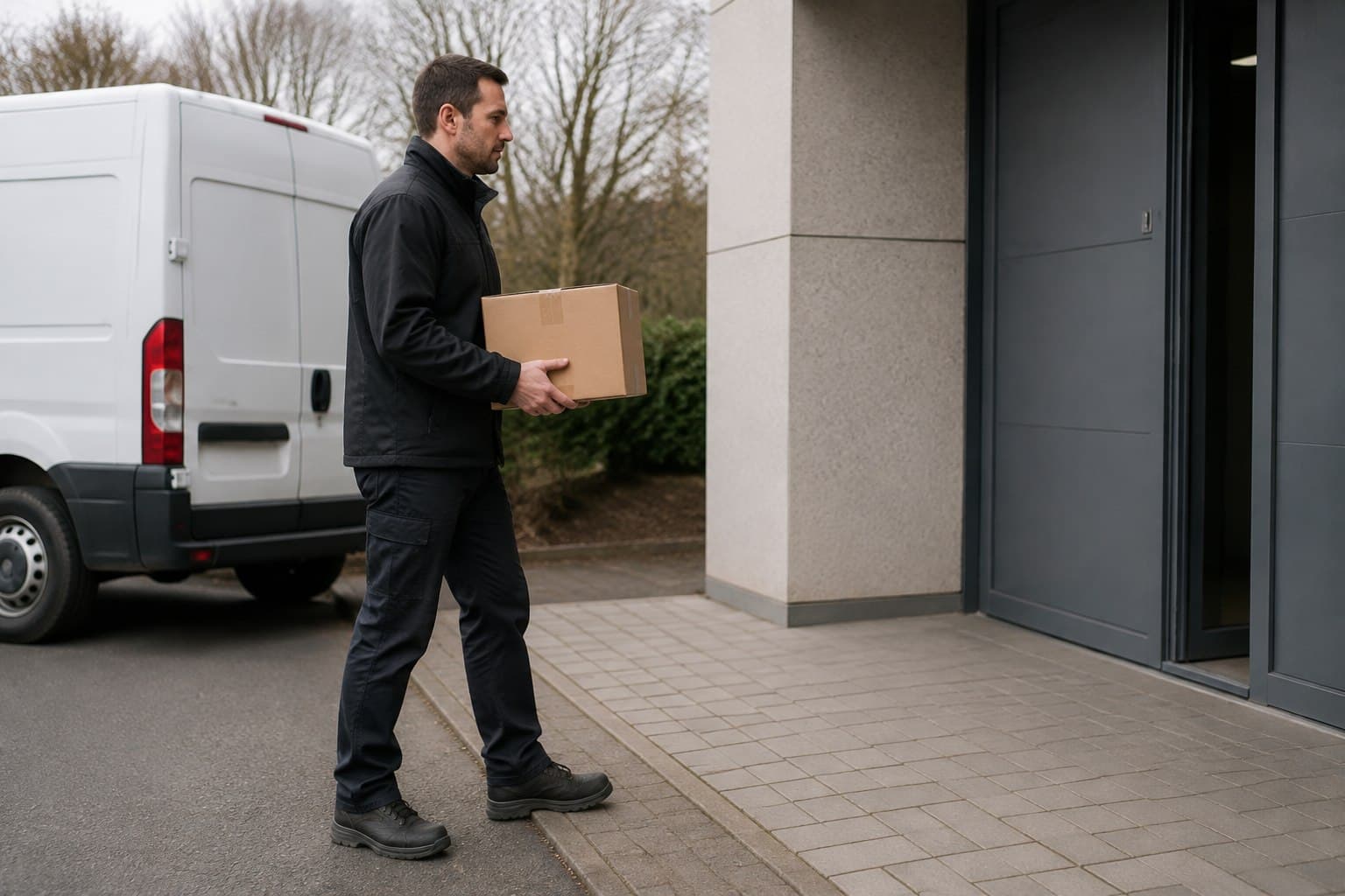 Unbranded courier handling a prepared consignment in Netteswell, shown in a central Harlow neighbourhood near civic and commercial uses.
