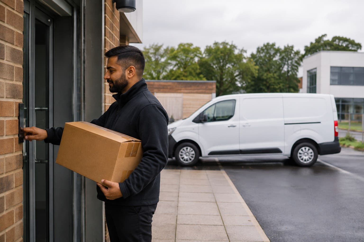 Unbranded courier vehicle prepared for a direct delivery from Newhall after collection from a residential address, workspace or community premise.