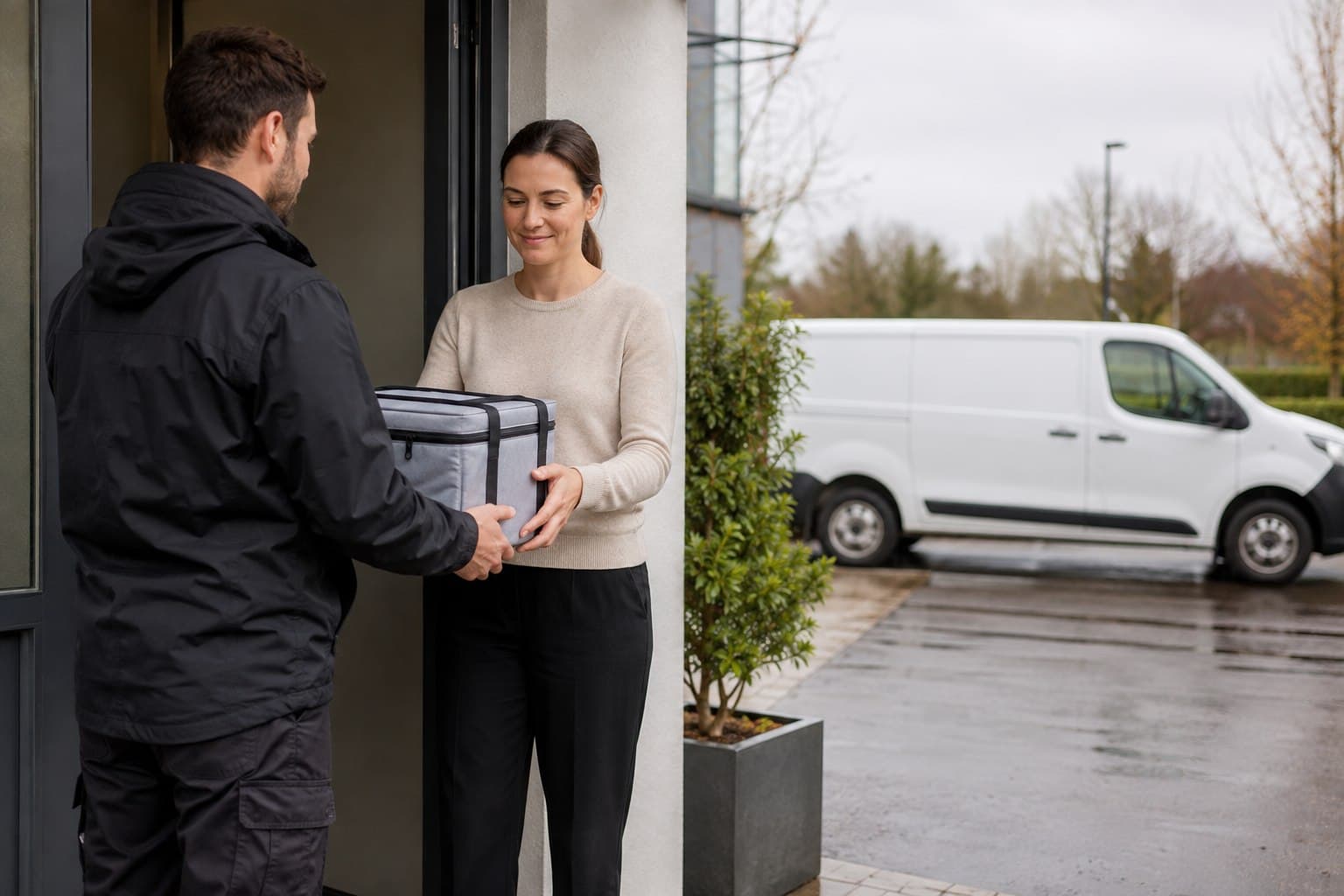 Unbranded courier handling a prepared consignment in Old Harlow, shown in the historic high-street and surrounding neighbourhood.