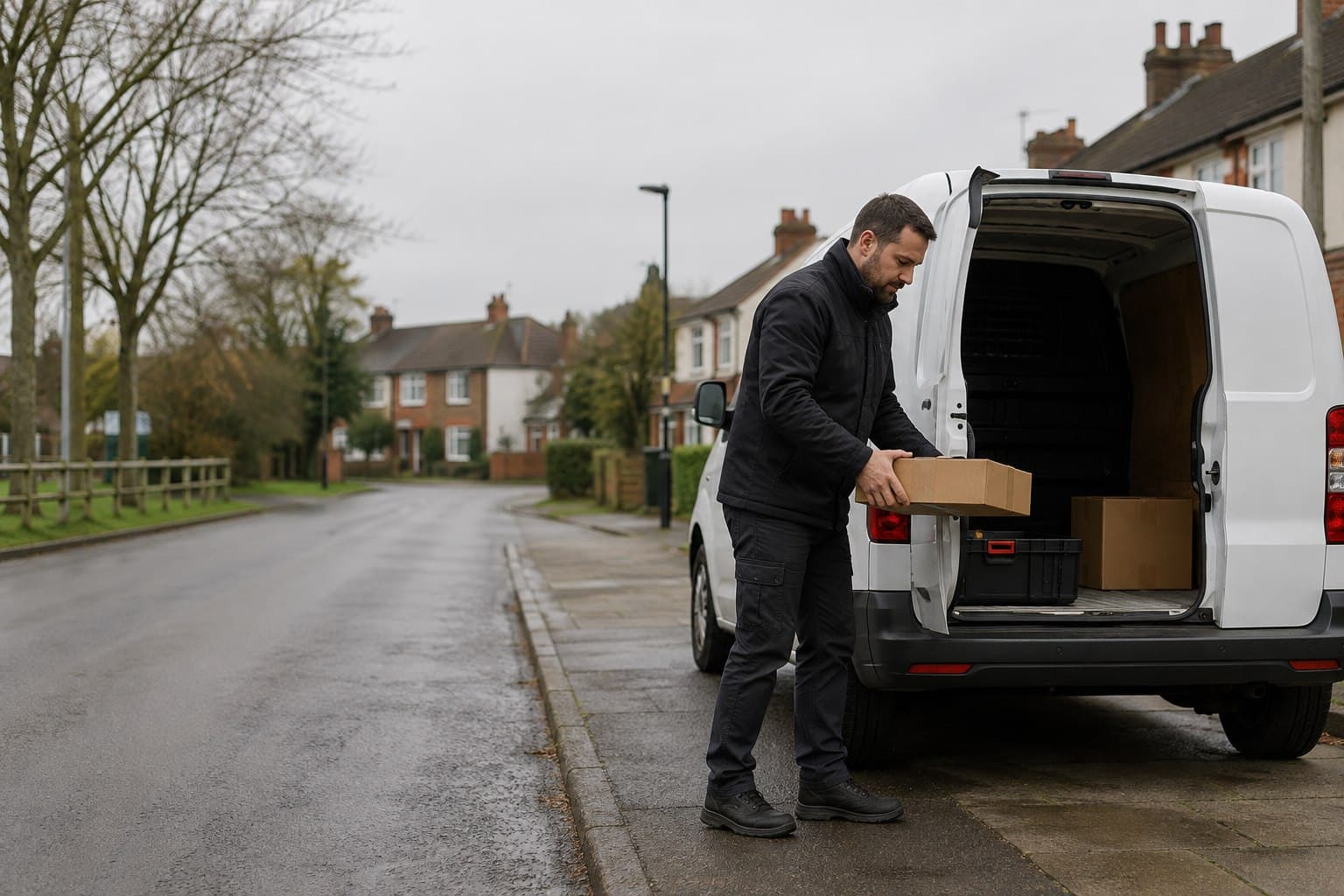 Unbranded courier vehicle prepared for a direct delivery from Old Harlow after collection from a local shop, office or home.