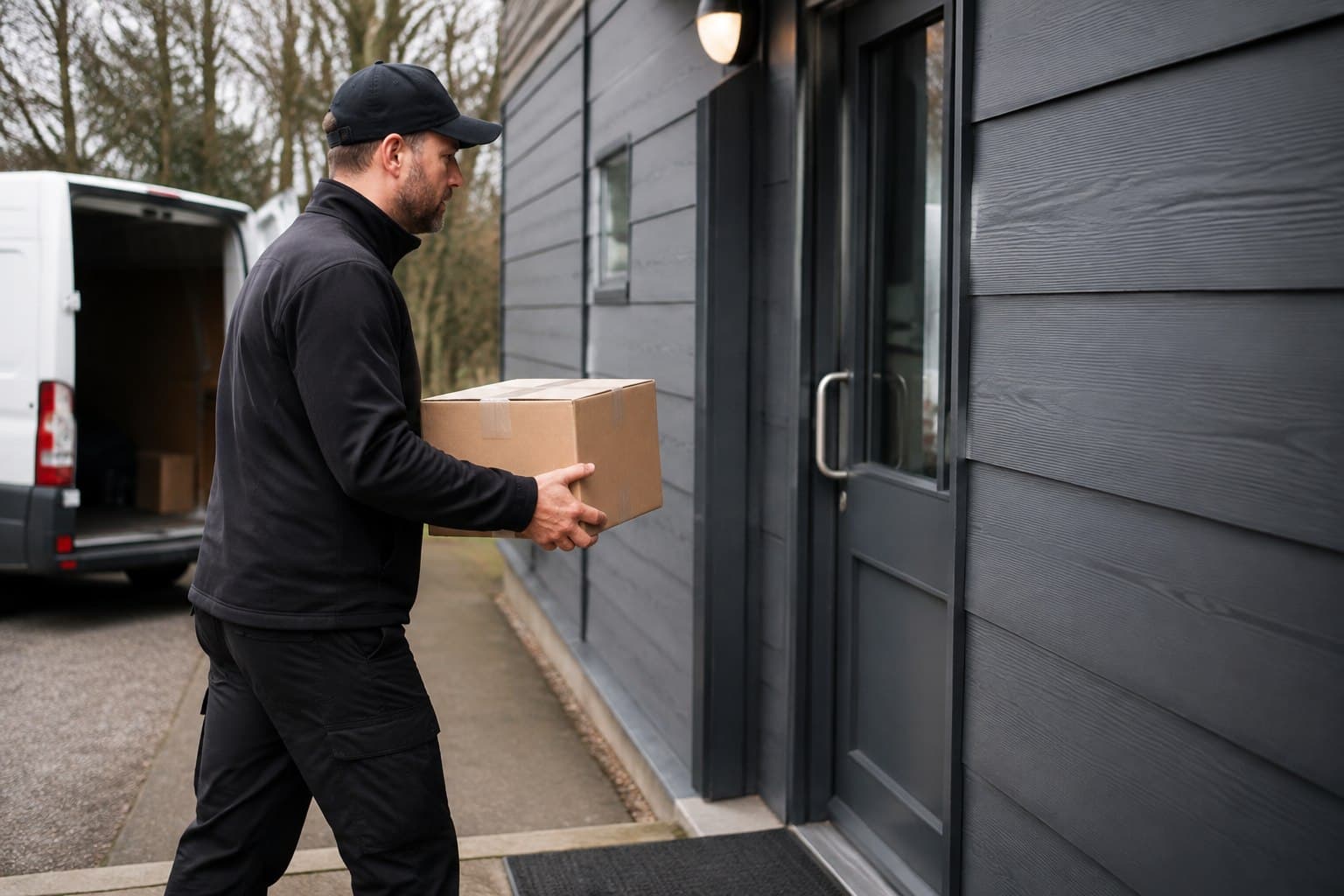 Unbranded courier handling a prepared consignment in Potter Street, shown in a southern Harlow district close to major road links.