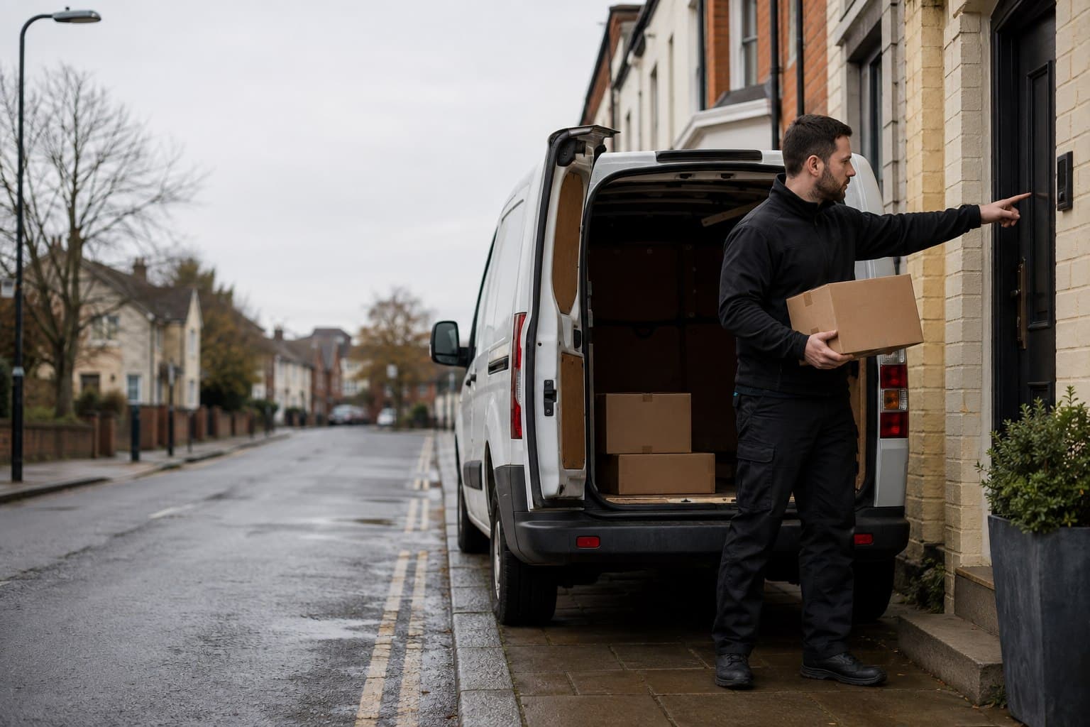 Unbranded courier vehicle prepared for a direct delivery from Potter Street after collection from a local business, depot-side unit or residence.