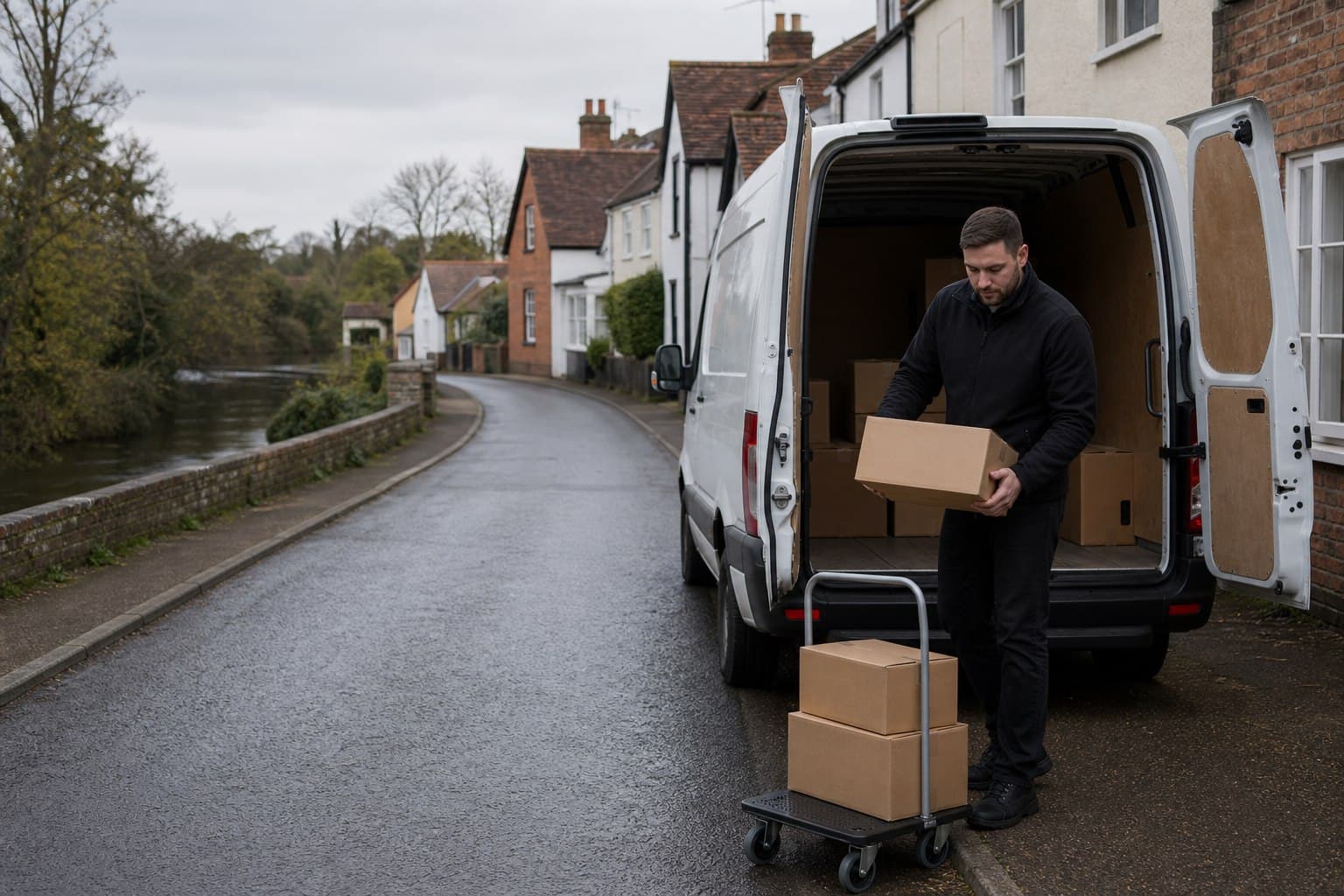 Unbranded courier handling a prepared consignment in Roydon, shown in a village setting beside the rail and river corridor.