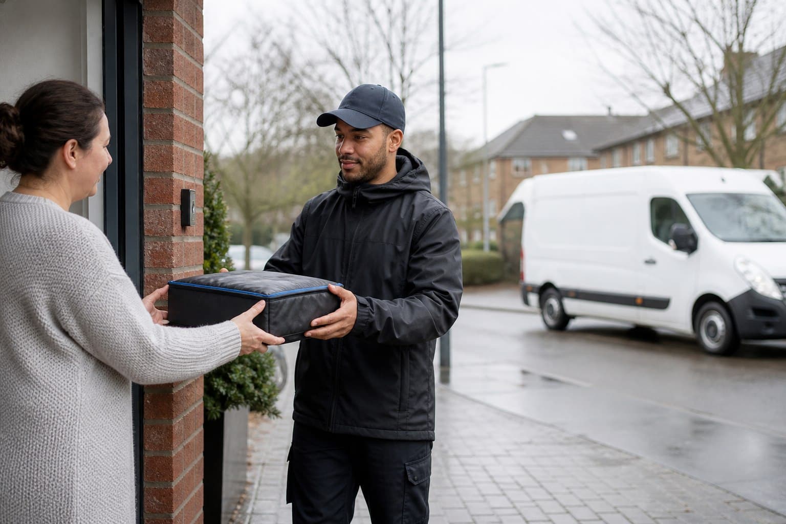 Unbranded courier vehicle prepared for a direct delivery from Roydon after collection from a high-street premise, small company or home.