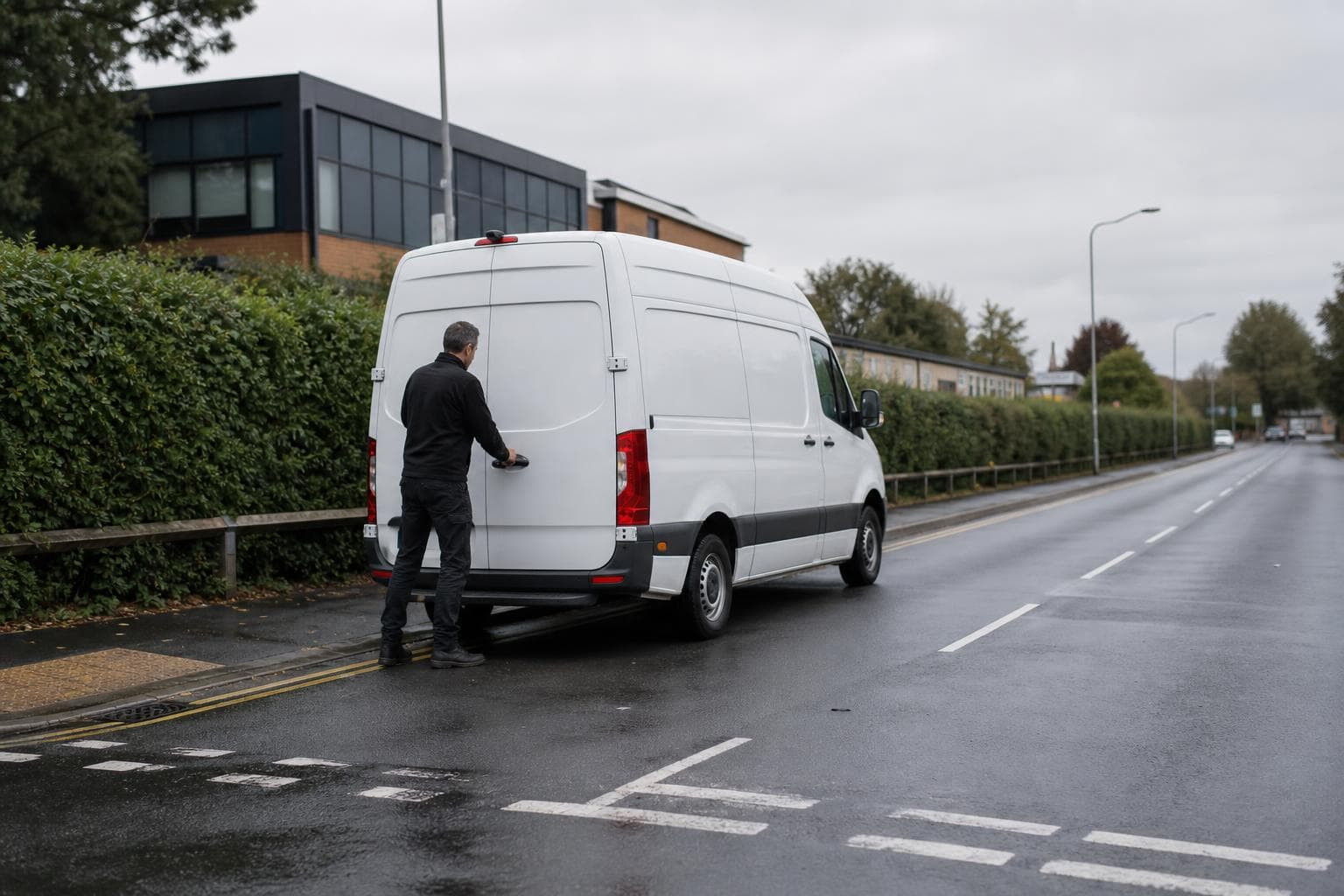 White courier van stopped on a wet semi-rural roadside near Sawbridgeworth with a courier closing the rear door