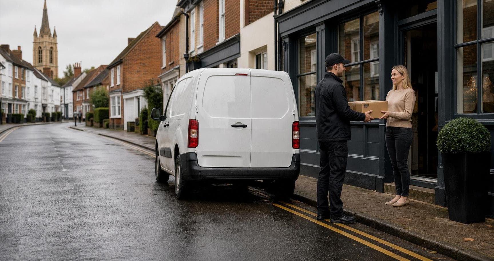 Courier handing a parcel to a customer beside a white van on a wet small-town street in Sawbridgeworth