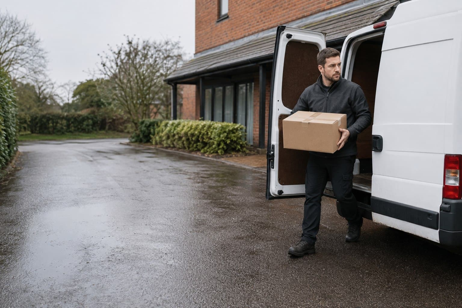 Courier carrying a boxed item from an unbranded van in Stansted Mountfitchet