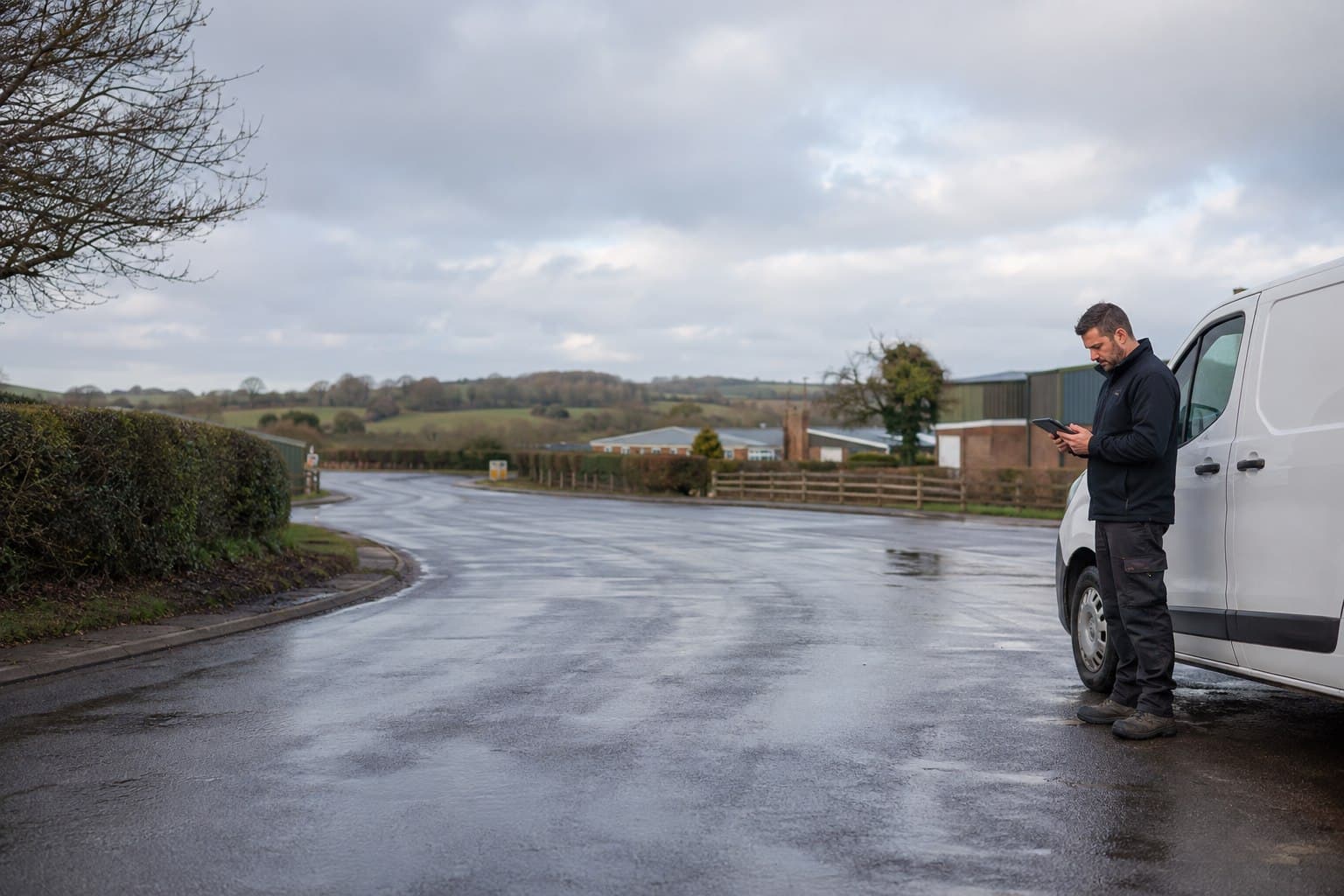 Courier reviewing a delivery route beside an unbranded van near Stansted Mountfitchet