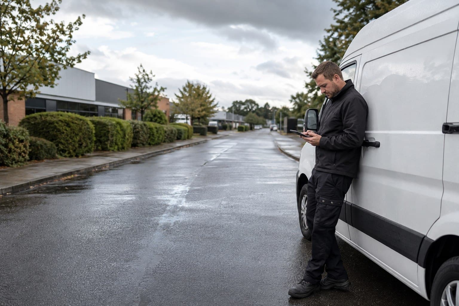 Courier checking delivery details beside an unbranded van in Waltham Abbey