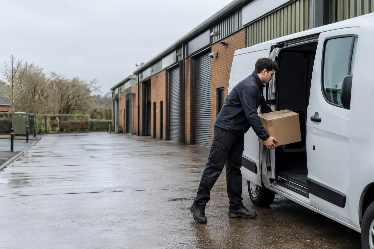 Courier loading a parcel into an unbranded van at a Waltham Abbey trade unit