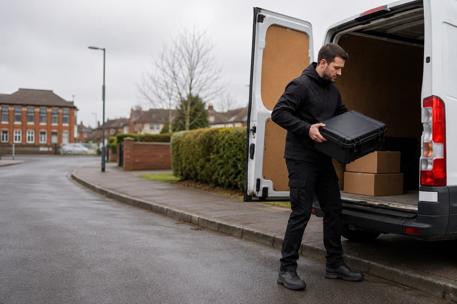 Unbranded courier handling a prepared consignment in Waltham Cross, shown in a busy town-centre and commercial gateway.
