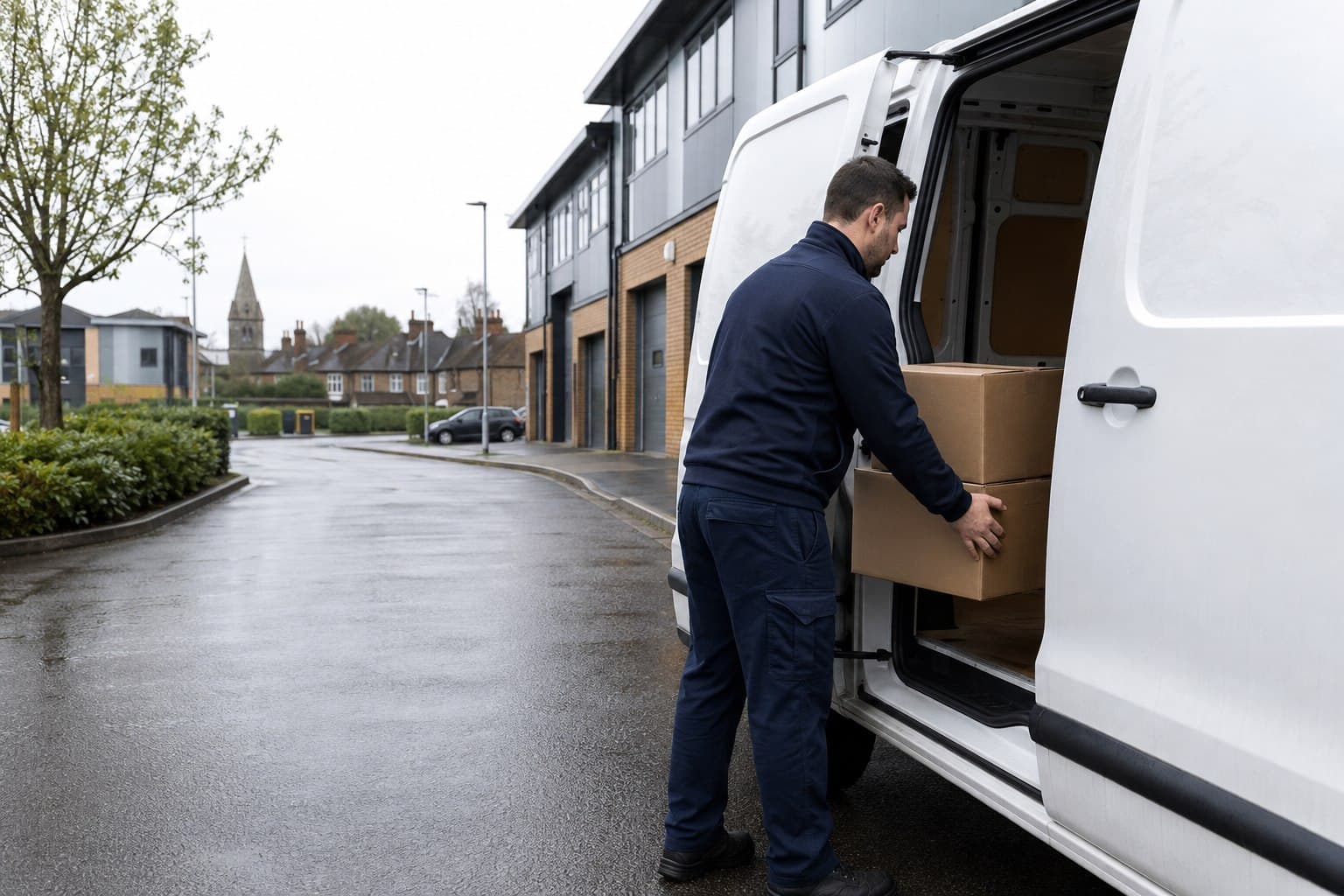 Courier collecting boxed goods beside an unbranded van at a Ware business unit