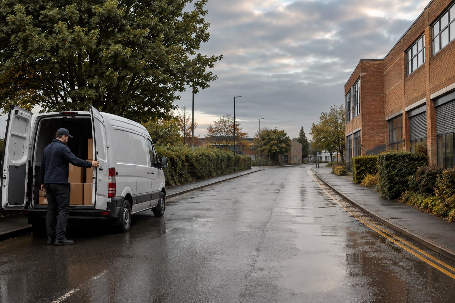 Unbranded courier van ready for a delivery route on a quiet road in Ware